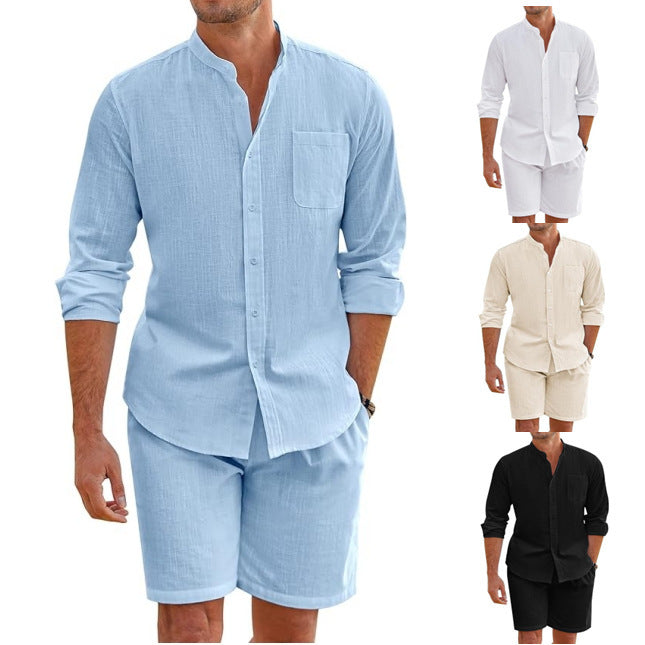 Men's Summer Two-piece Polyester Button Shirt Long Sleeve Shorts