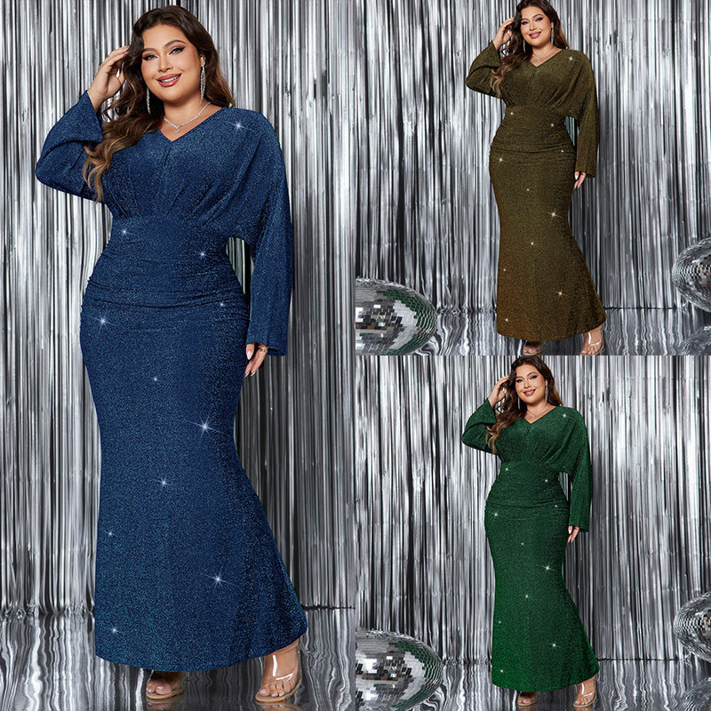 V-neck Long Sleeve Fishtail Evening Dress Plus Size