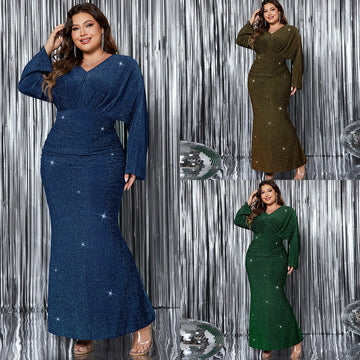 V-neck Long Sleeve Fishtail Evening Dress Plus Size