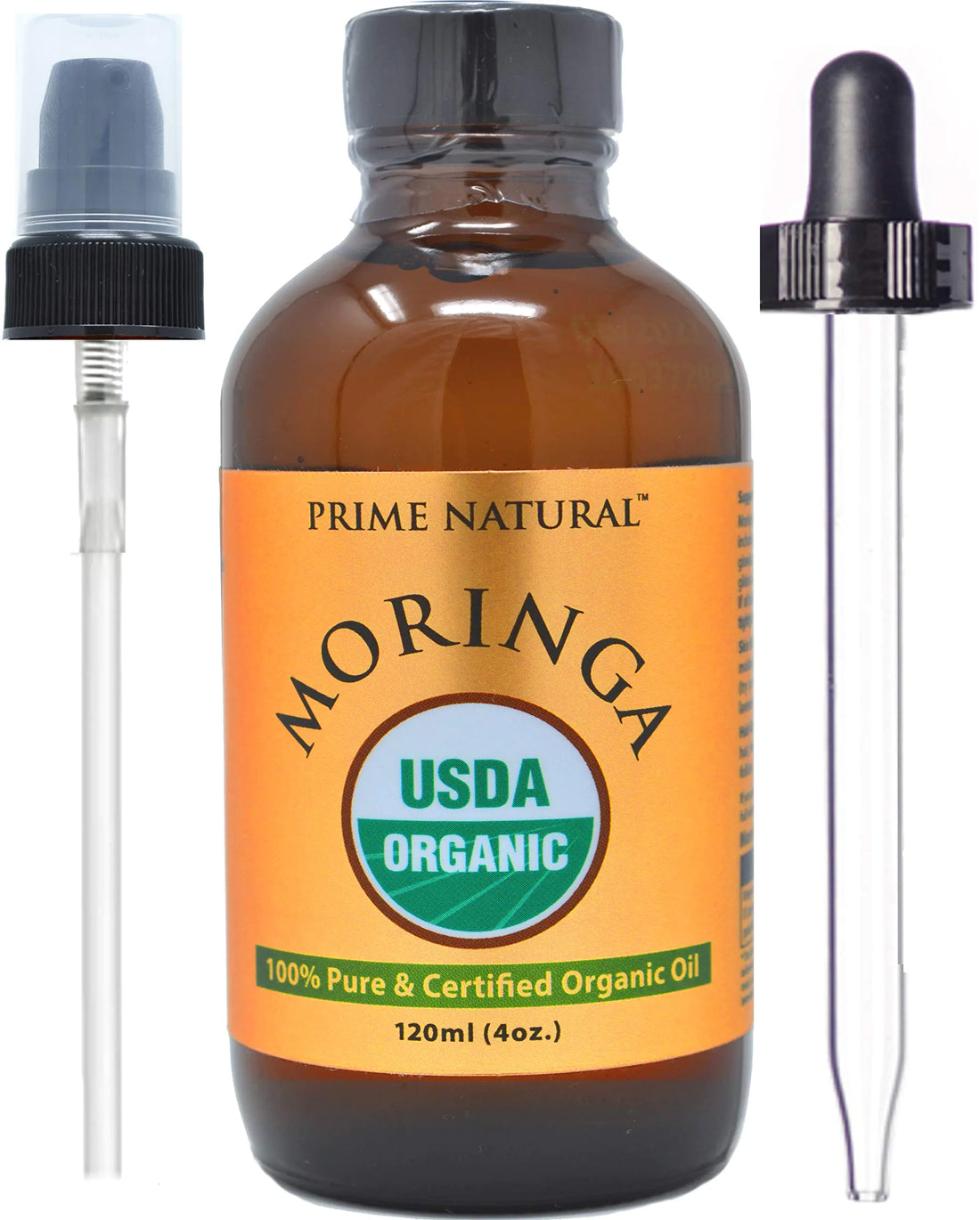 PRIME NATURAL Organic Moringa Oil USDA Certified 100% Pure Cold Pressed Virgin Unrefined Oil (4oz /120ml) - Joints Skin Face Body & Hair - Vegan - Food Grade - Natural Moisturizer