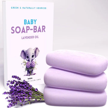 KELEBS Hypoallergenic Organic Baby Soap Bar - Lavender Oil & Oatmeal - Relaxing body wash For Sensitive Skin - 3 PCS