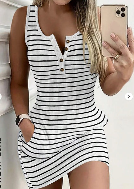 Casual Round Neck Keyhole Button Pockets Striped Fitted Knit Tank Dress