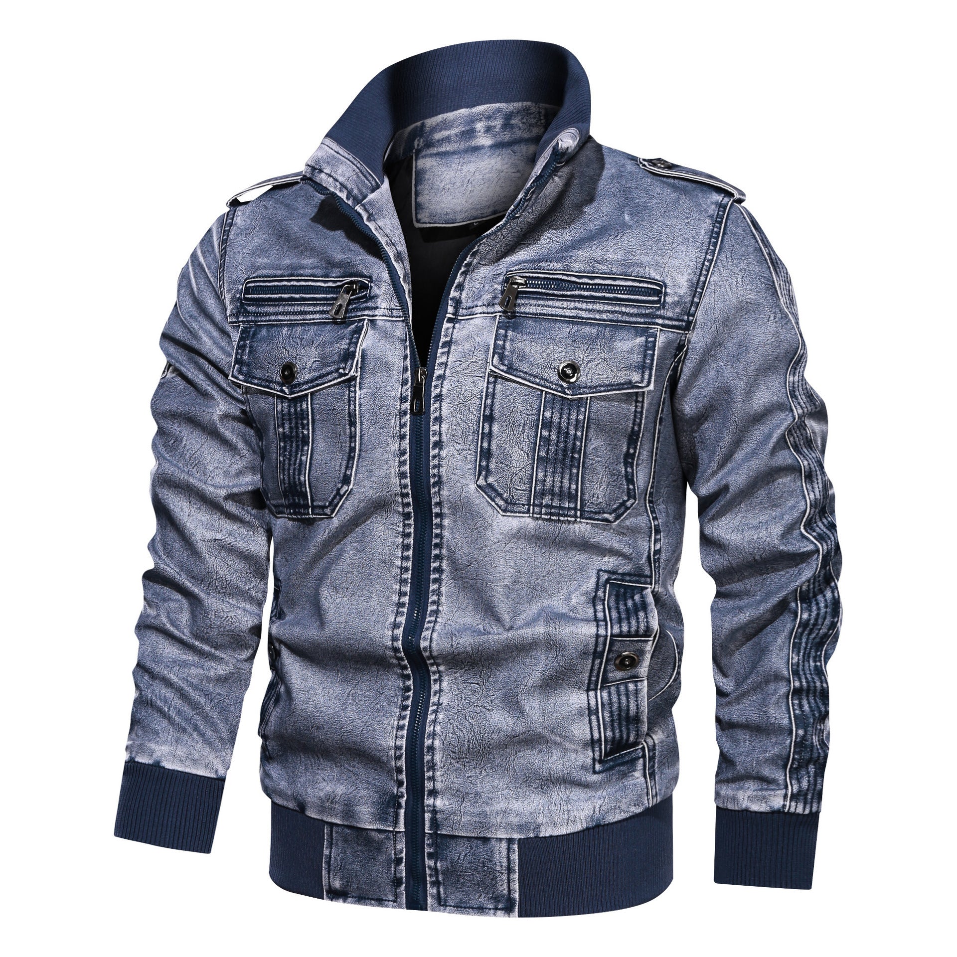 3D Washed PU Leather Jacket Plus Size Motorcycle Leather Coat