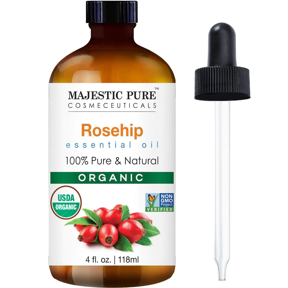 Majestic Pure Organic Rosehip Oil | USDA Organic Oil Rose Hip for Face Skin Hair & Massage | Acne Scars & Facial Oil | for Women & Men | 4fl oz